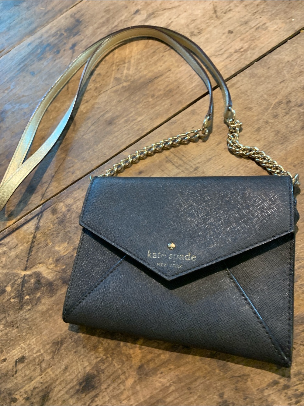 kate spade black envelope crossbody with gold chain and strap